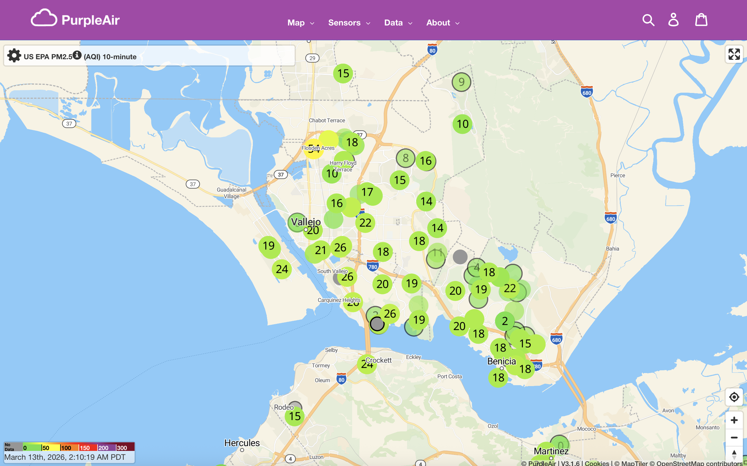 Vallejo area air quality map with sensor readings